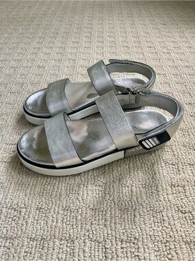 Prada Metallic Silver Two-Strap Ankle Sandals, size 7
